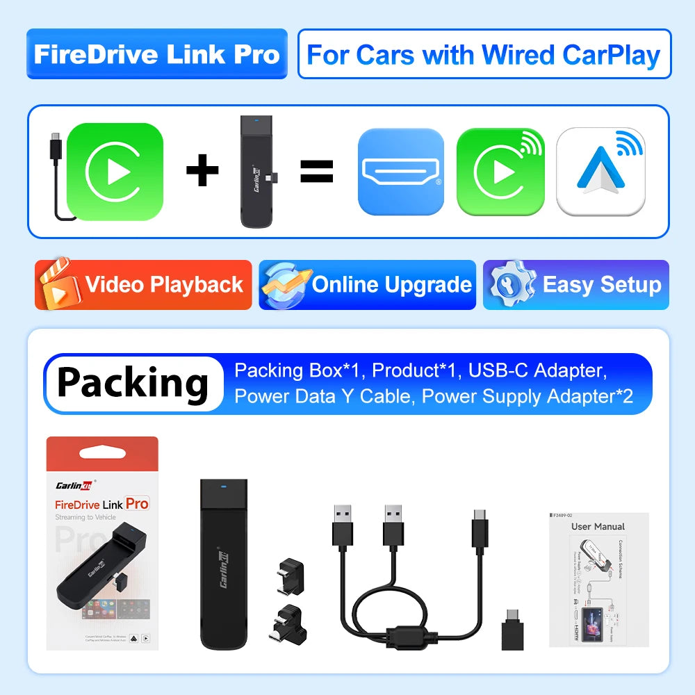 Adaptateur sans fil 3-en-1 CarlinKit FireDrive Link Pro Wireless Android Auto CarPlay HDMI Pour Fire TV Stick Lite/Max/HD Lire des vidéos