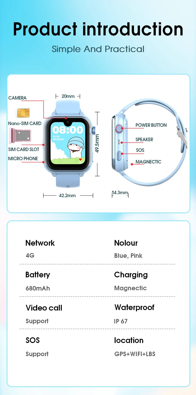 Montre intelligente GPS Wonlex KT37 pour enfants avec assistant vocal IA, application de surveillance, suivi de localisation WiFi, appel vidéo 4G