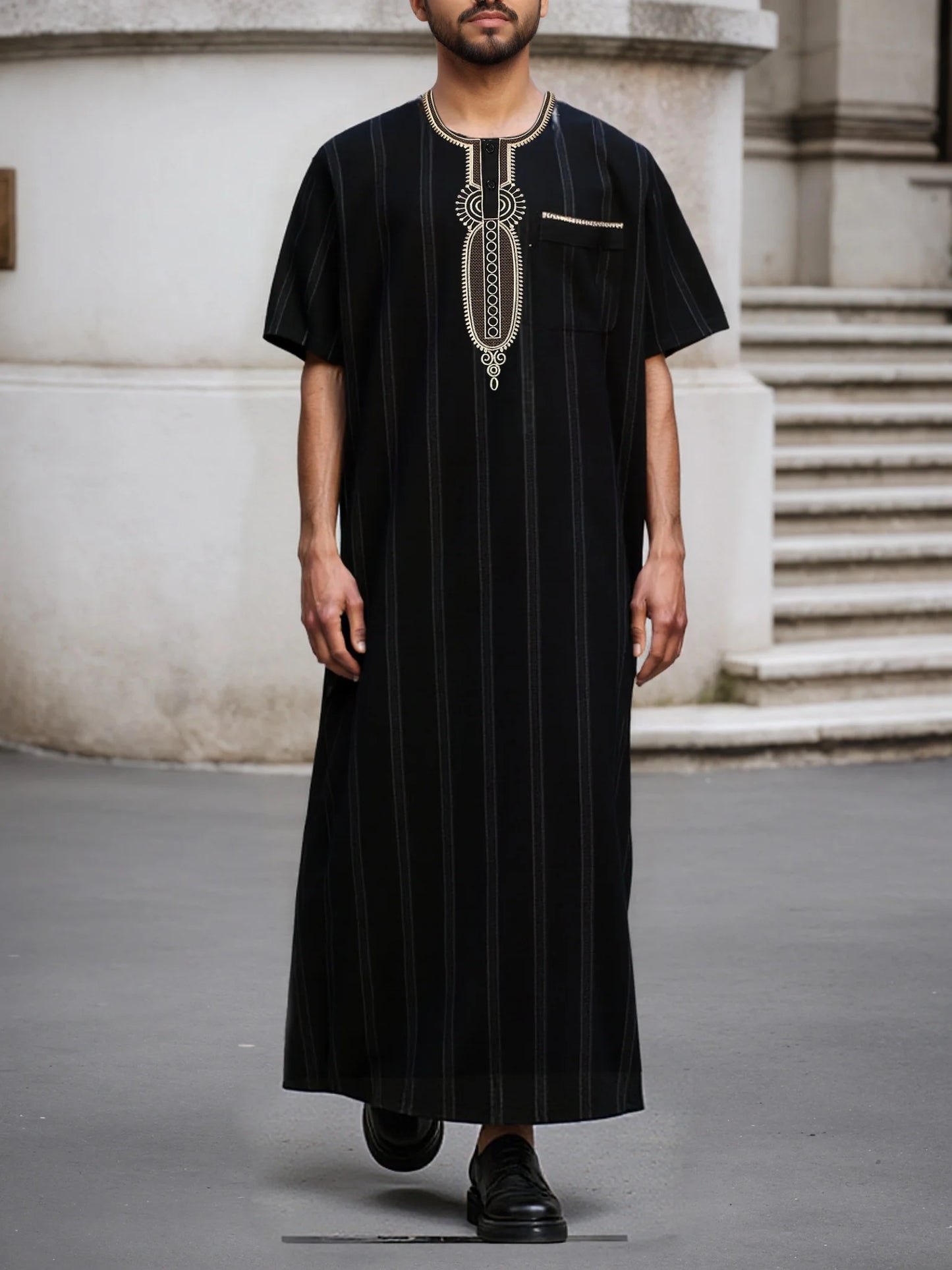 Moroccan men's thobe, long sleeve ethnic style embroidered stand collar zipper design Muslim men's fashionable Abaya Arabic fest