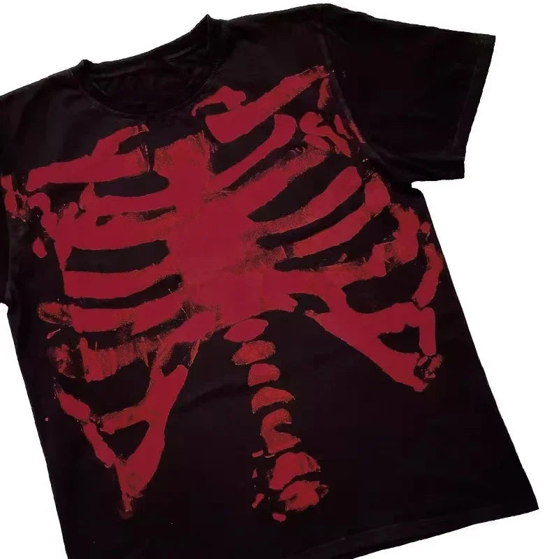 AT Absurd Town Noir Rouge Tête de mort Gothique Goth Y2K Shibuya T-shirt à manches courtes Vêtements homme T-shirts graphiques