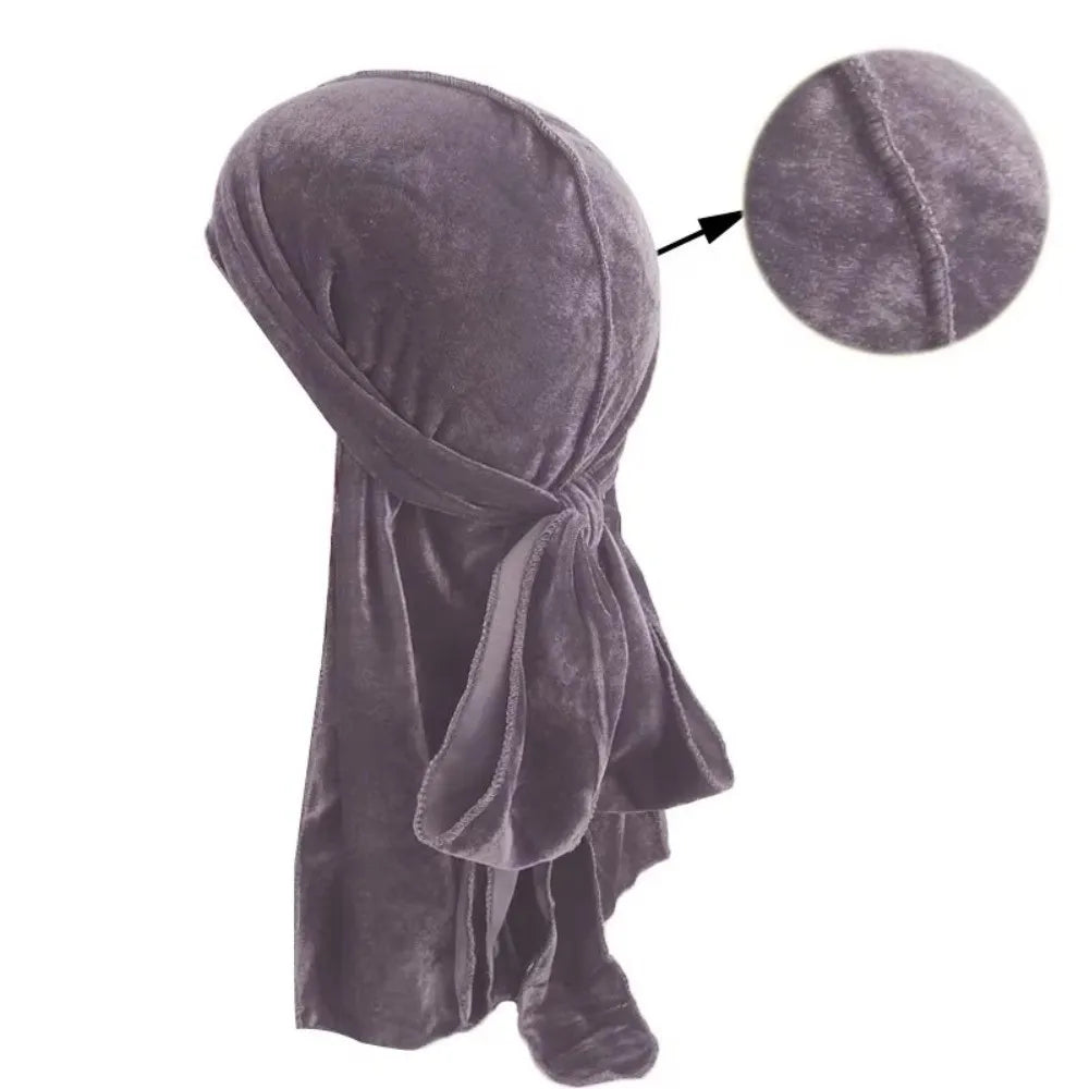 Nouveaux Durags en Velours Casquettes Longue Queue Chapeau Turban Respirant Bandeau Élastique Réglable Accessoires pour Cheveux