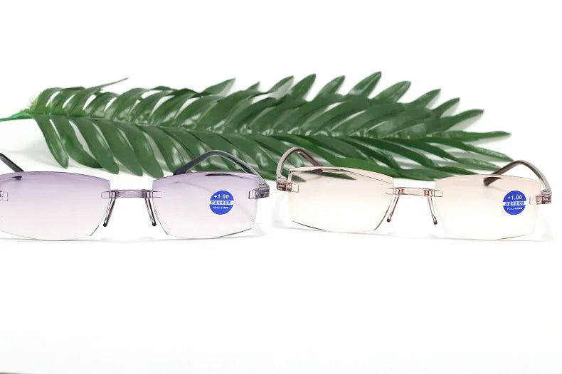 Lunettes de lecture anti-lumière bleue pour femmes, monture sans bords à découpe diamantée, pour hommes, anti-fatigue, hypermétropie, presbytie +1,5