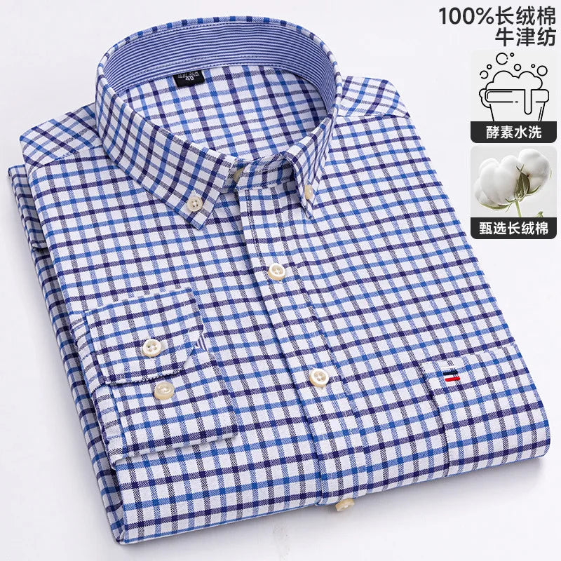 100-220 catties Plus Size Men's Shirt 100% Cotton Long Sleeve Business Casual All Oxford Spinning Plus Size Plaid Shirt