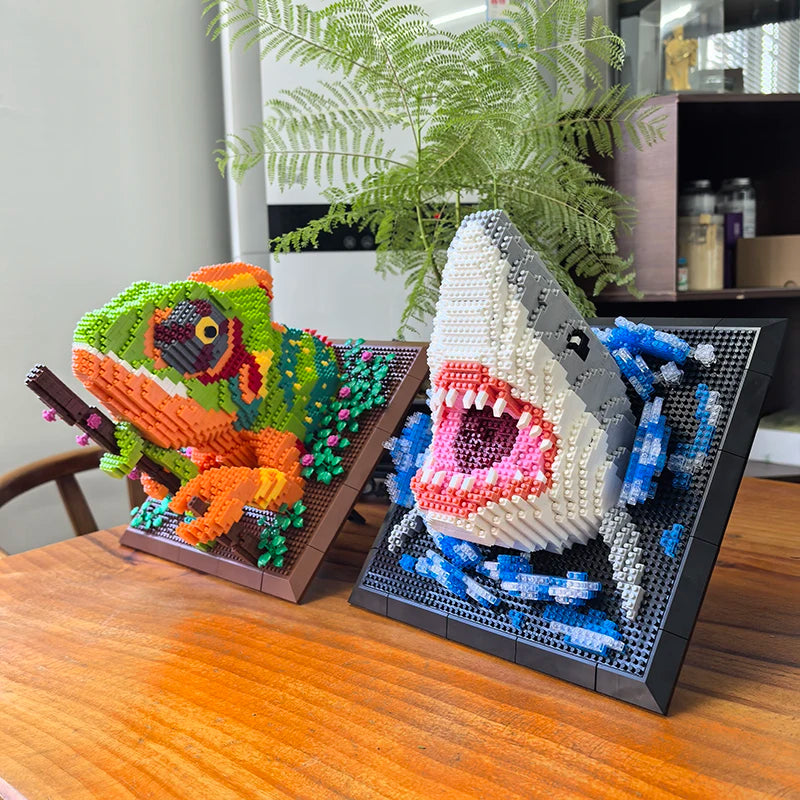 Blocs de construction 3D Tête de monstre de requin Murale Blocs de construction muraux DIY Pendentif animal Décoration murale Sculpture à suspendre Décoration d'intérieur Jouets Cadeau