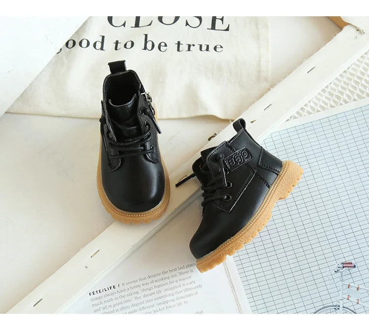2024 New Spring/Autumn Baby Boots Leather British Style Boys Fashion Boots Rubber Sole Zip Side Toddler Girls Ankle Boots 15-25