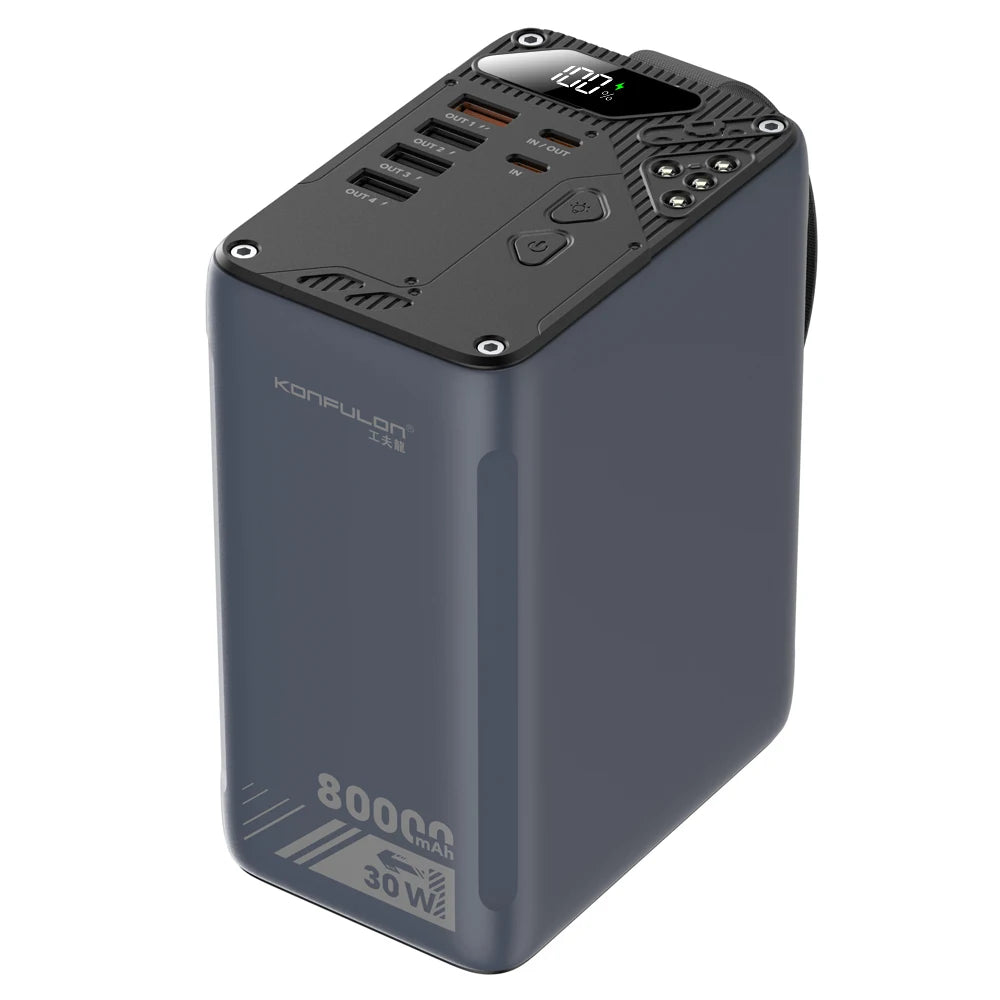 Konfulon Power Bank 80000mAh Schnelllade-Akku mit Taschenlampe Outdoor Handy-Ladegerät für iPhone Xiaomi Huawei Samsung