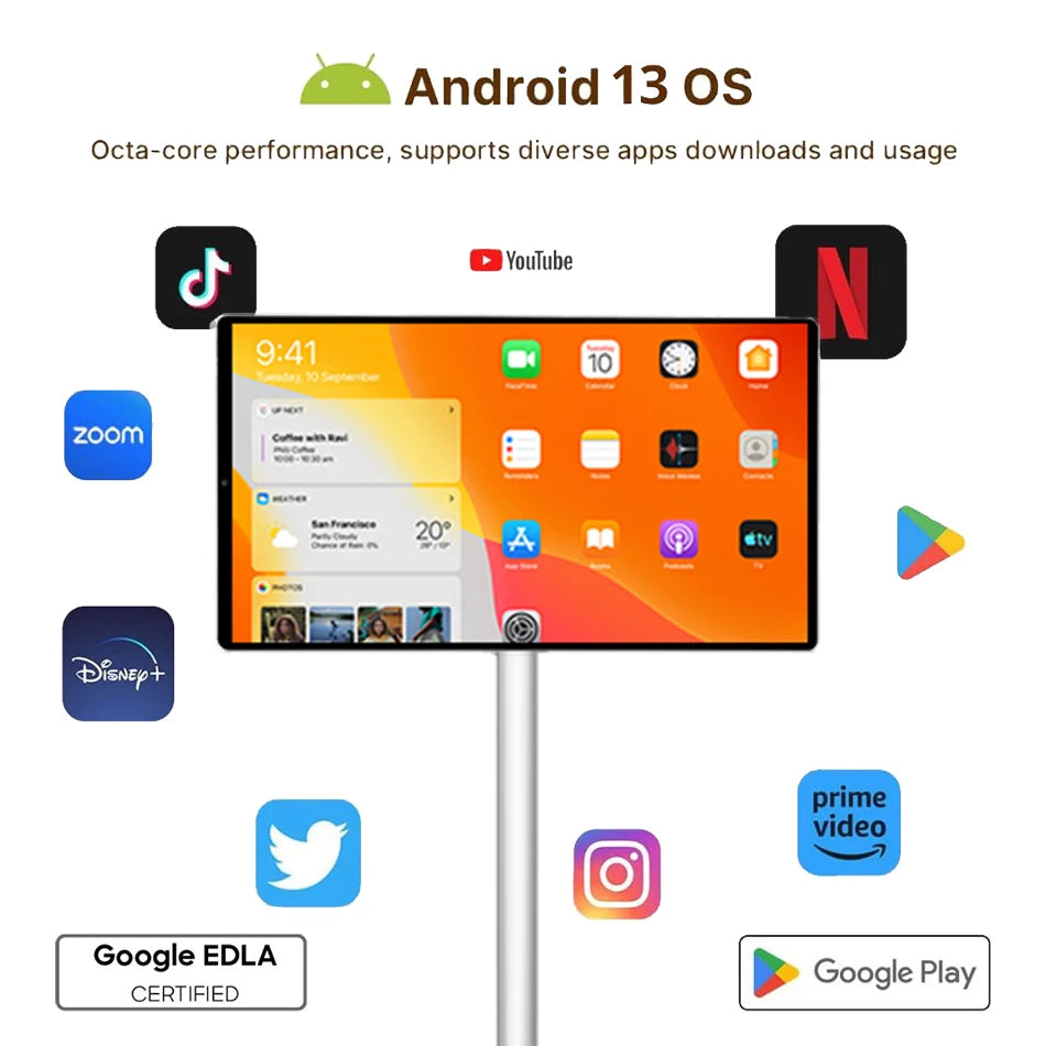 Téléviseur portable LCD 21,5 pouces intelligent 6G+128G, téléviseurs intelligents portables avec caméra intégrée, diffusion d'écran sans fil, téléviseur intelligent