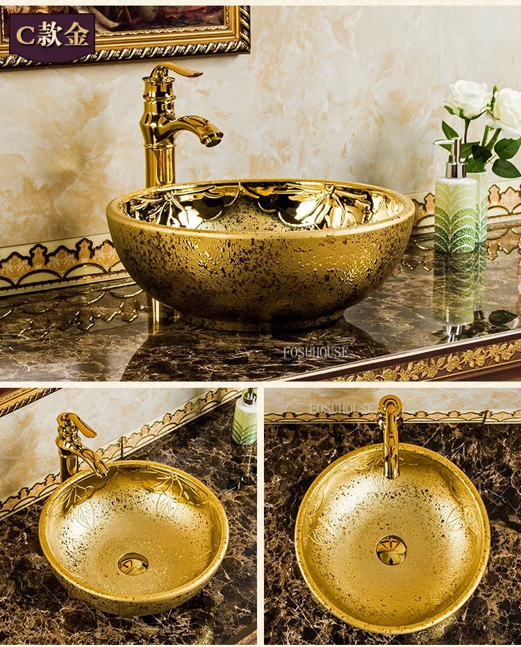 A17 Luxus Gold Badezimmer Waschbecken Haushalt Keramik Waschbecken Kreative Toilette Rund Aufsatzwaschbecken Einfaches Badezimmer Zubehö