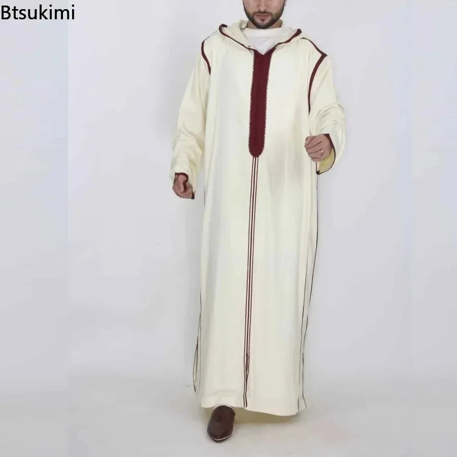 Herren Muslim Thobe 2026 Mittlerer Osten Jubba Thobe Langarm Islamisches Gewand Herren Muslimisches Kleid Saudi-Arabisch Kapuzen-Thobe Abaya Männlich