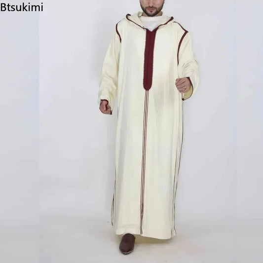 2026 Men's Muslim Thobe Middle East Jubba Thobe Long Sleeves Islamic Robe Men Muslim Dress Saudi Arabic Hooded Thobe Abaya Male