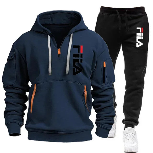 Herbst und Winter heiß begehrtes Herren-Kapuzensweatshirt + Freizeithose, zweiteiliges Outdoor-Set mit mehreren Taschen und Sporthose