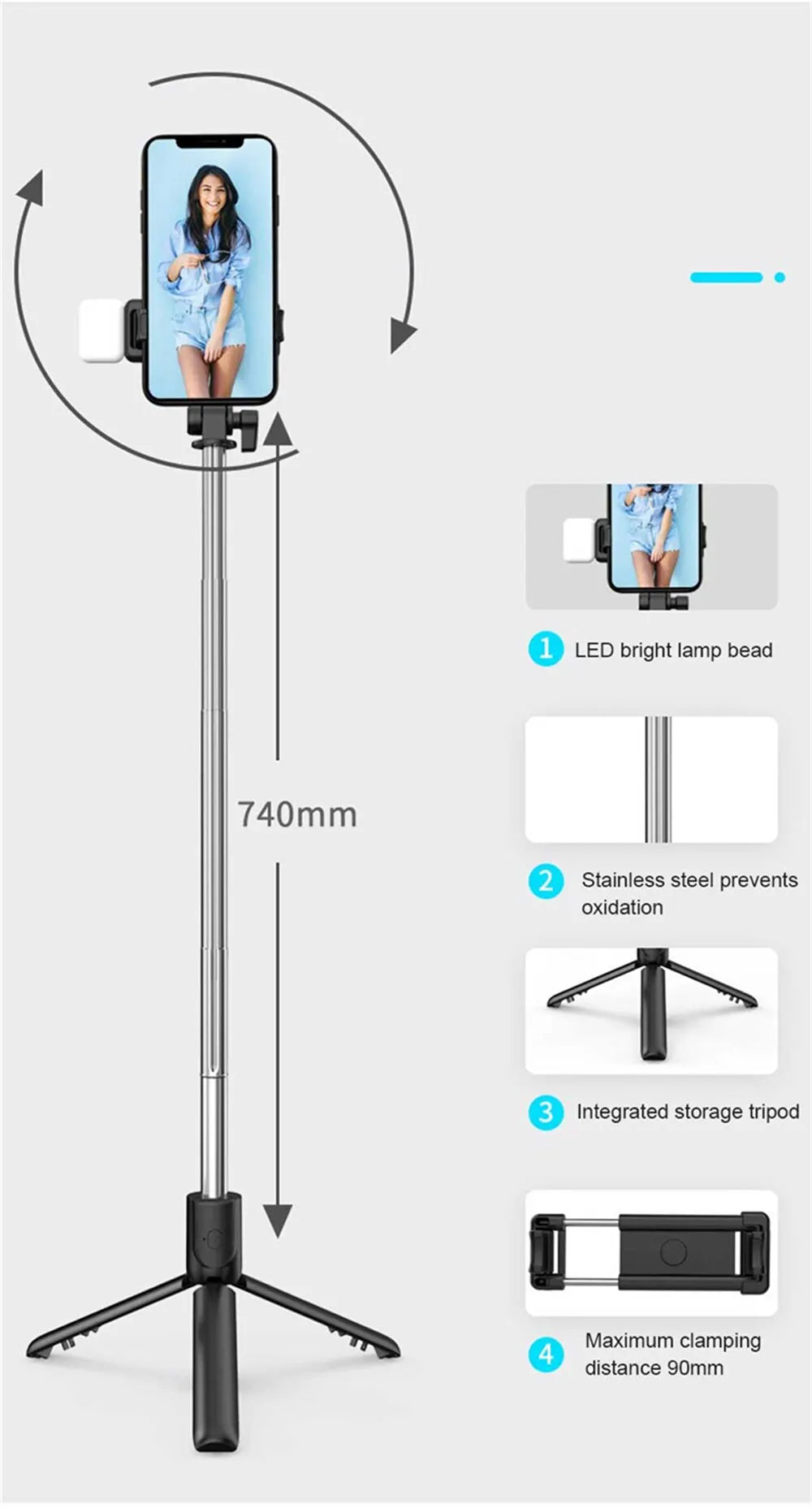 Trépied perche à selfie pour téléphone portable avec télécommande Bluetooth et anneau lumineux pour téléphone