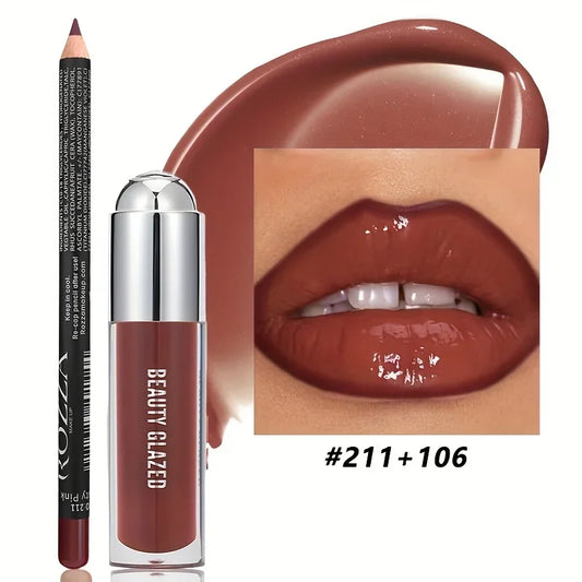 2Pcs Lip Liner Lip Gloss Set,Longlasting Natural Nude Lip Glow Waterproof Lip Oil