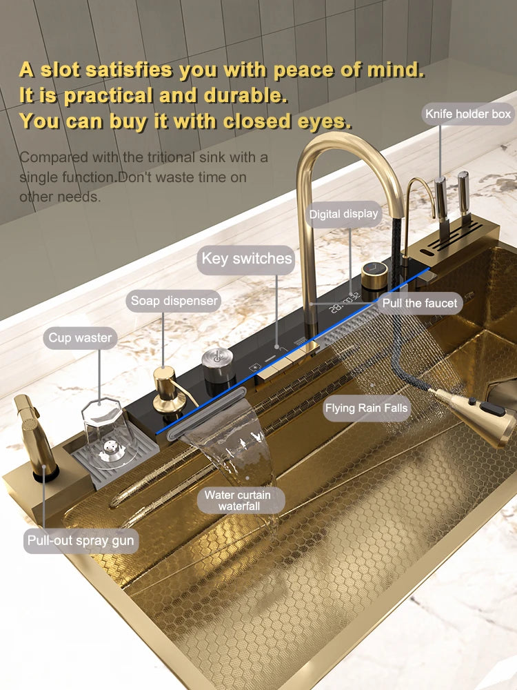 Goldfarbene Edelstahl-Küchenspüle mit Wasserfallauslauf, großes Einzelbecken, Digitalanzeige, Spül- und Gemüsebecken