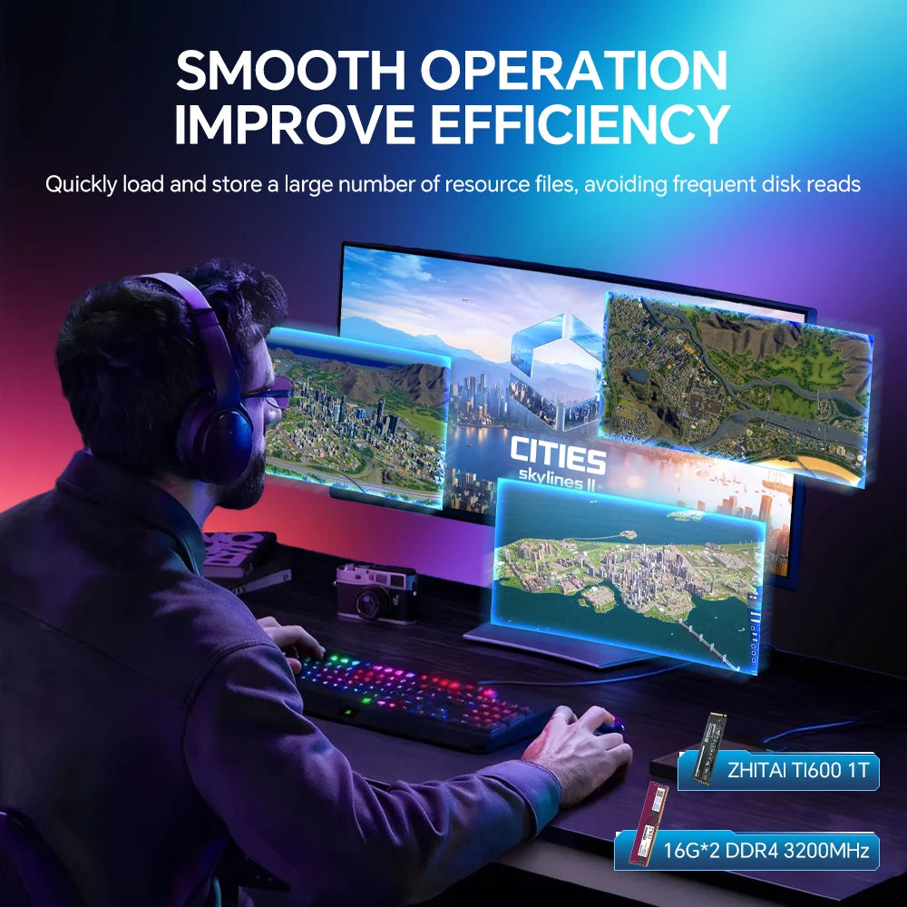 RSION Gaming PC AMD R5 5600 CPU RTX5060 32G RAM 1TB SSD Desktop Game Computer Sea View Room Assembled PC Gamer Full