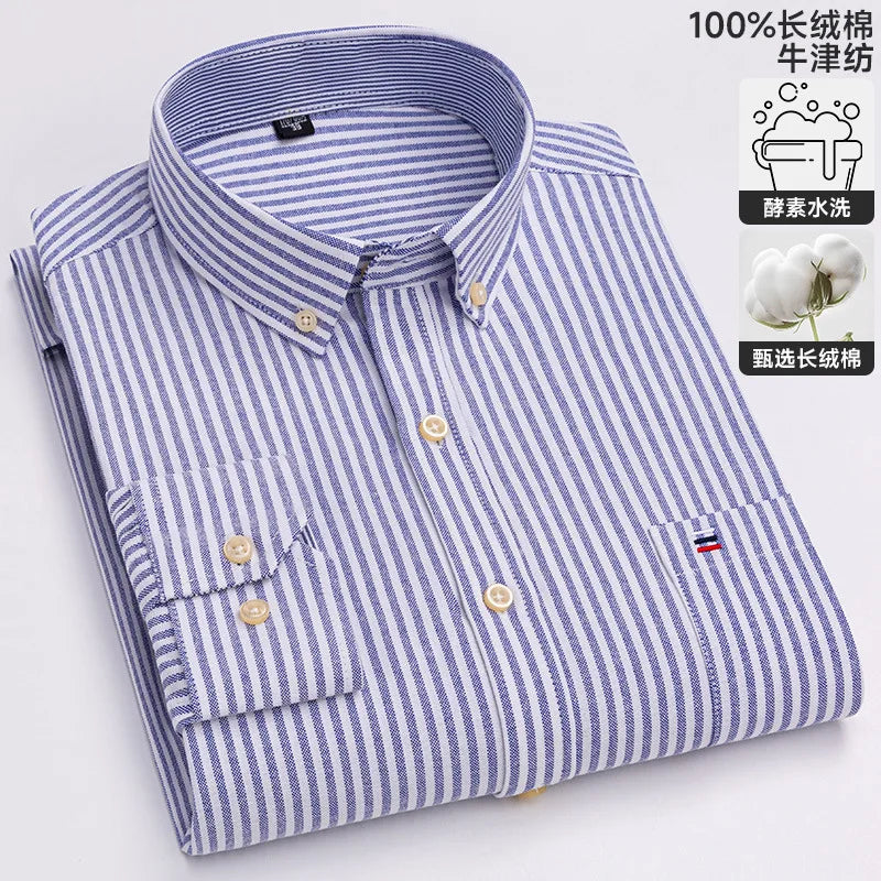 100-220 catties Plus Size Men's Shirt 100% Cotton Long Sleeve Business Casual All Oxford Spinning Plus Size Plaid Shirt