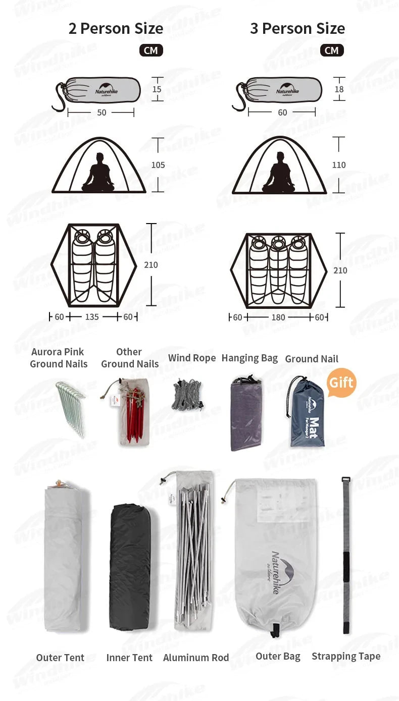 Naturehike Mongar UL BASE PRO 123 People Tent Trekking Backpacking Shelter Tent 20D Nylon Waterproof Ultralight Outdoor Camping
