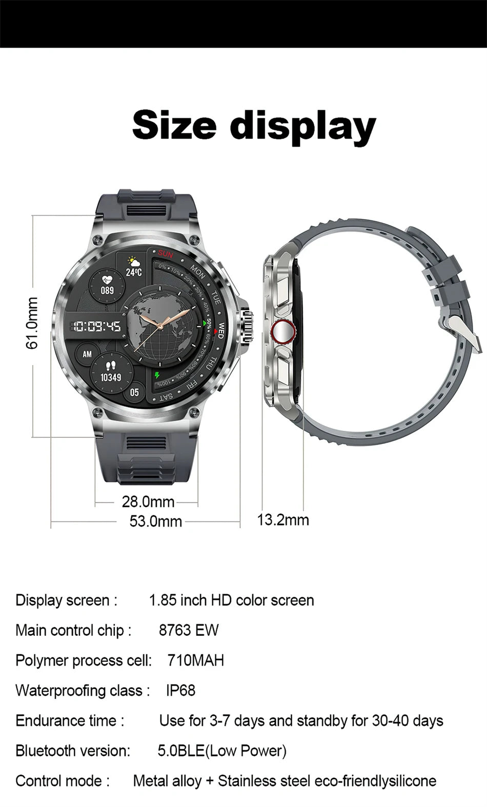 Montre connectée intelligente GPS homme 2026, écran AMOLED HD 1,85 pouces, batterie 710 mAh, appels Bluetooth, pour Android et iOS