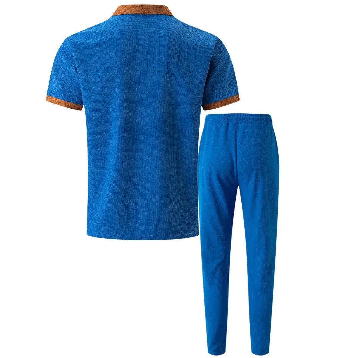 Ensemble deux pièces gaufré pour homme : polo contrasté avec poche poitrine et pantalon long à cordon de serrage, tenues décontractées pour la vie quotidienne.