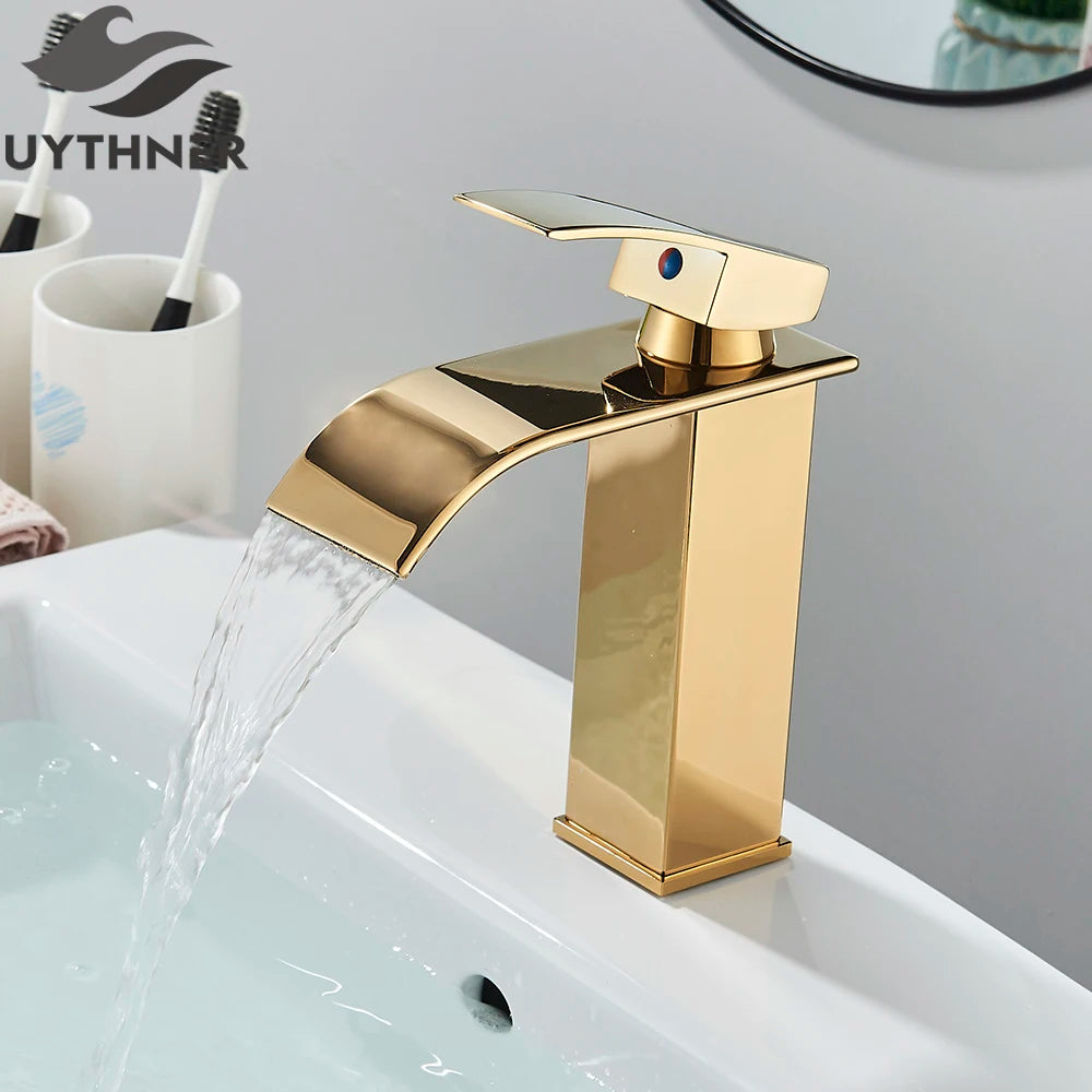 Robinet de Lavabo Doré Brossé, Élégant Robinet Cascade pour Salle de Bain, Mitigeur Monocommande en Laiton à Fixation sur Plan