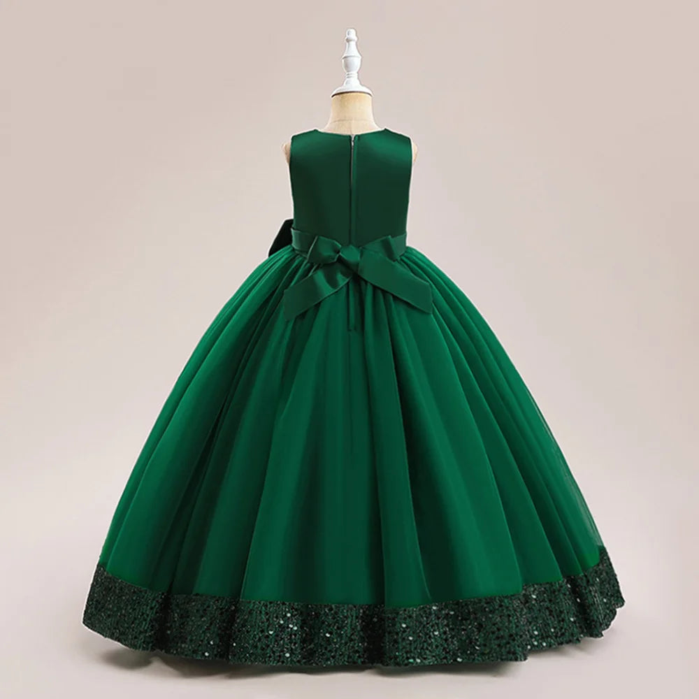 Fluffy Pailletten Brautjungfern Prinzessin Mädchenkleid Elegante Schleife Rosa Hochzeit Abschlussball Abend Kinder Partykleider für Mädchen Geburtstagskostüme