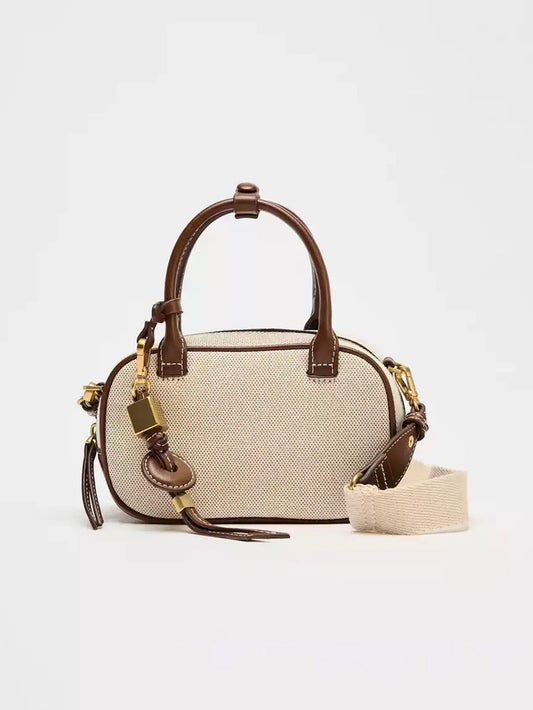 2025 Neue Nische Retro Color-Blocking Handtasche klein, stilvolle Umhängetasche aus Segeltuch und PU, kleine quadratische Tasche, Einzelschulter-Bowlingb