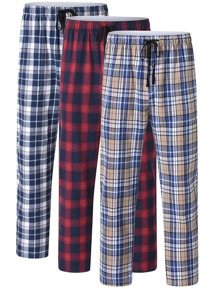 Pyjama Homme 3 Pièces Coton Carreaux, Pantalon de Pyjama Long Carreaux avec Taille Élastique pour Homme