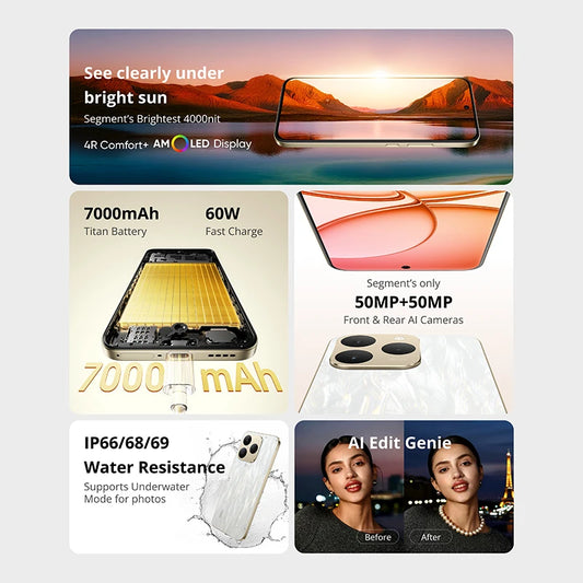 realme 15T 5G Smartphone NFC Dimensity 6400 Max Chipsatz Zwei 50MP Kameras 6.57" 120Hz AMOLED Display 7000mAh Akku 60W Ladung