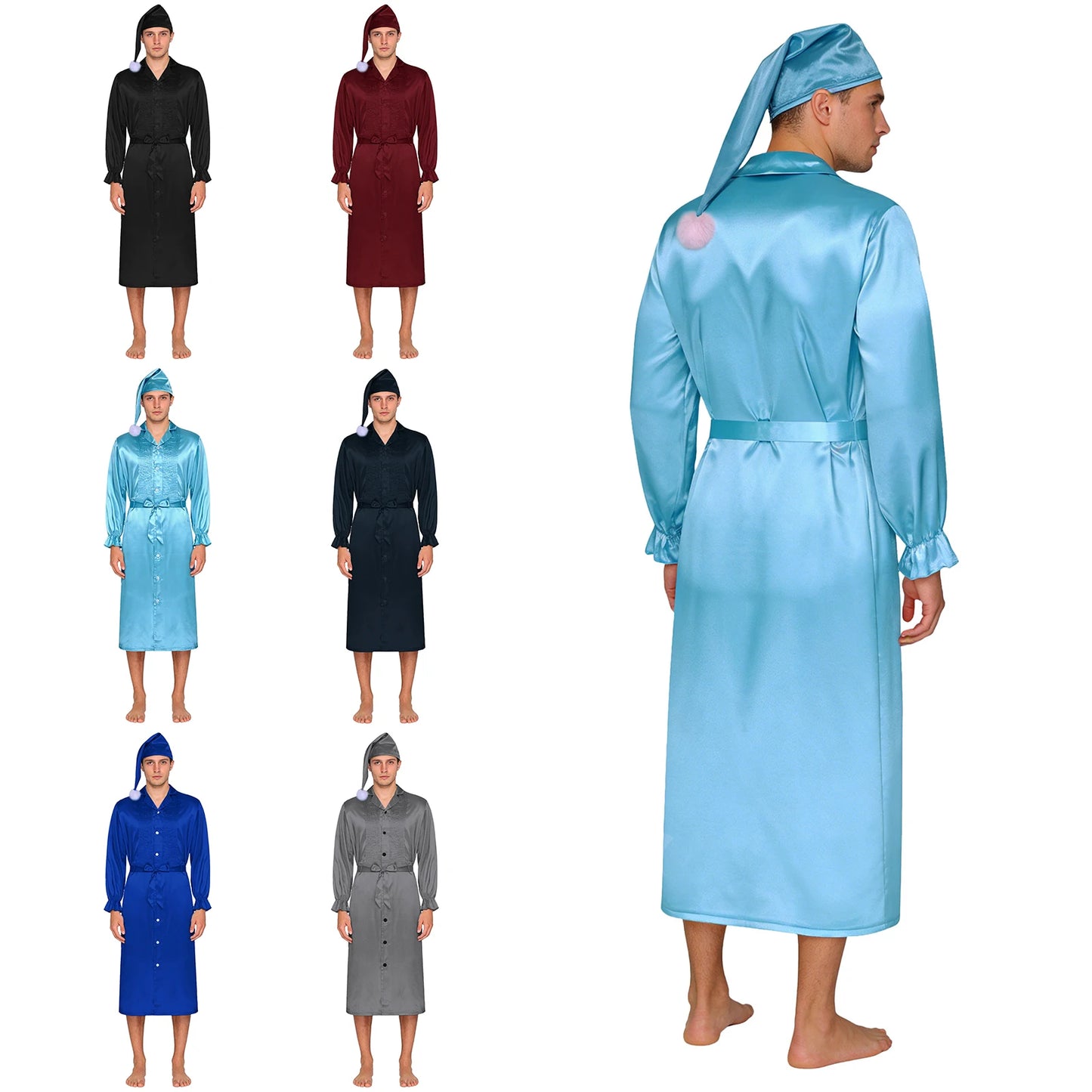 Herren Sissy Pyjama Satin-Nachtwäsche Nachthemd mit Schlafhaube Langarm Rüschenmanschetten Plissierter Brustumhang mit Gürtel Vintage