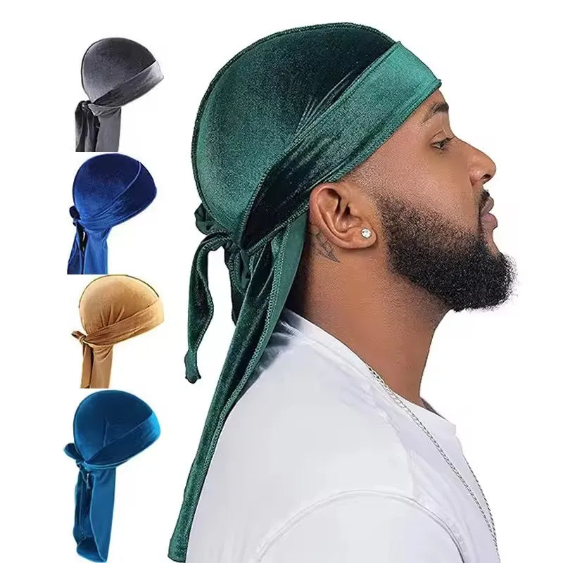 Neue Unisex Samt Durags Bandana Turban Hut Männer Frauen Atmungsaktive Lange Schwanz Piratenhüte Mütze Hip Hop Stirnband