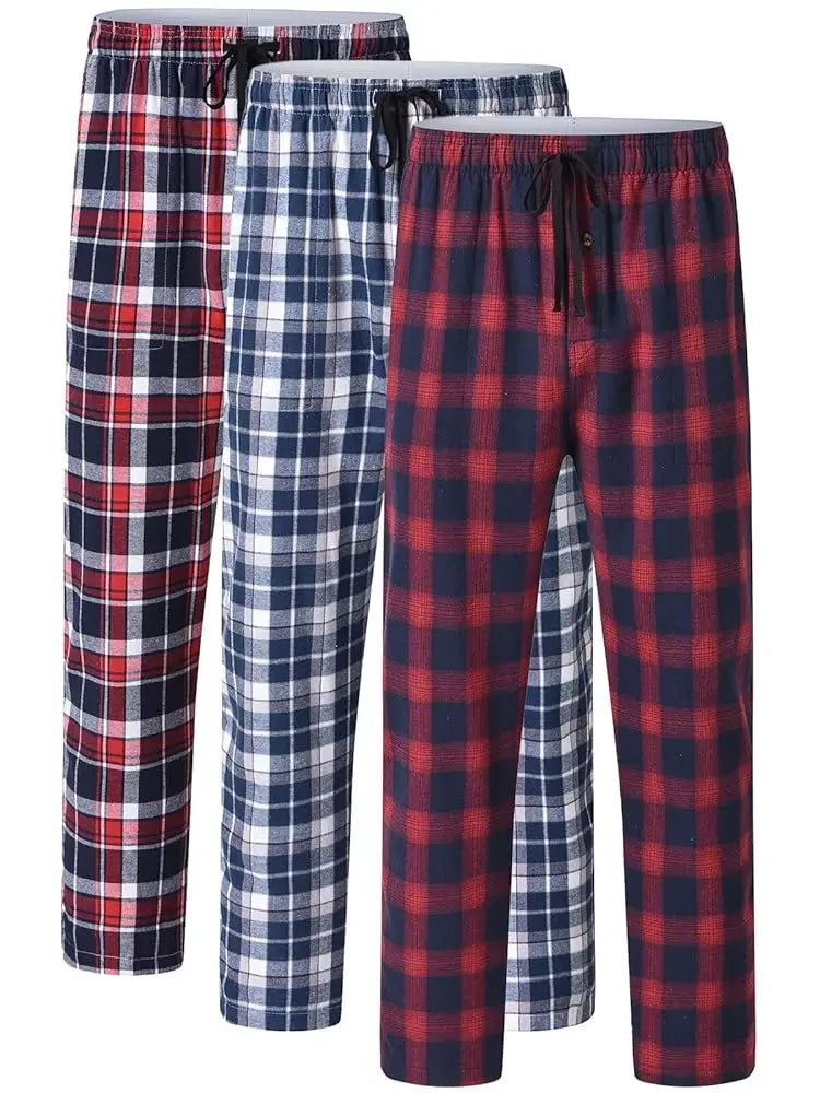 Pyjama Homme 3 Pièces Coton Carreaux, Pantalon de Pyjama Long Carreaux avec Taille Élastique pour Homme