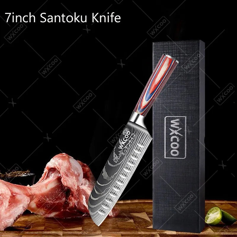 Professional Kitchen Chef's Knife Damascus Japanese Santoku Slicing Knife Meat Cleaver Stainless Steel Butcher Knife with Box