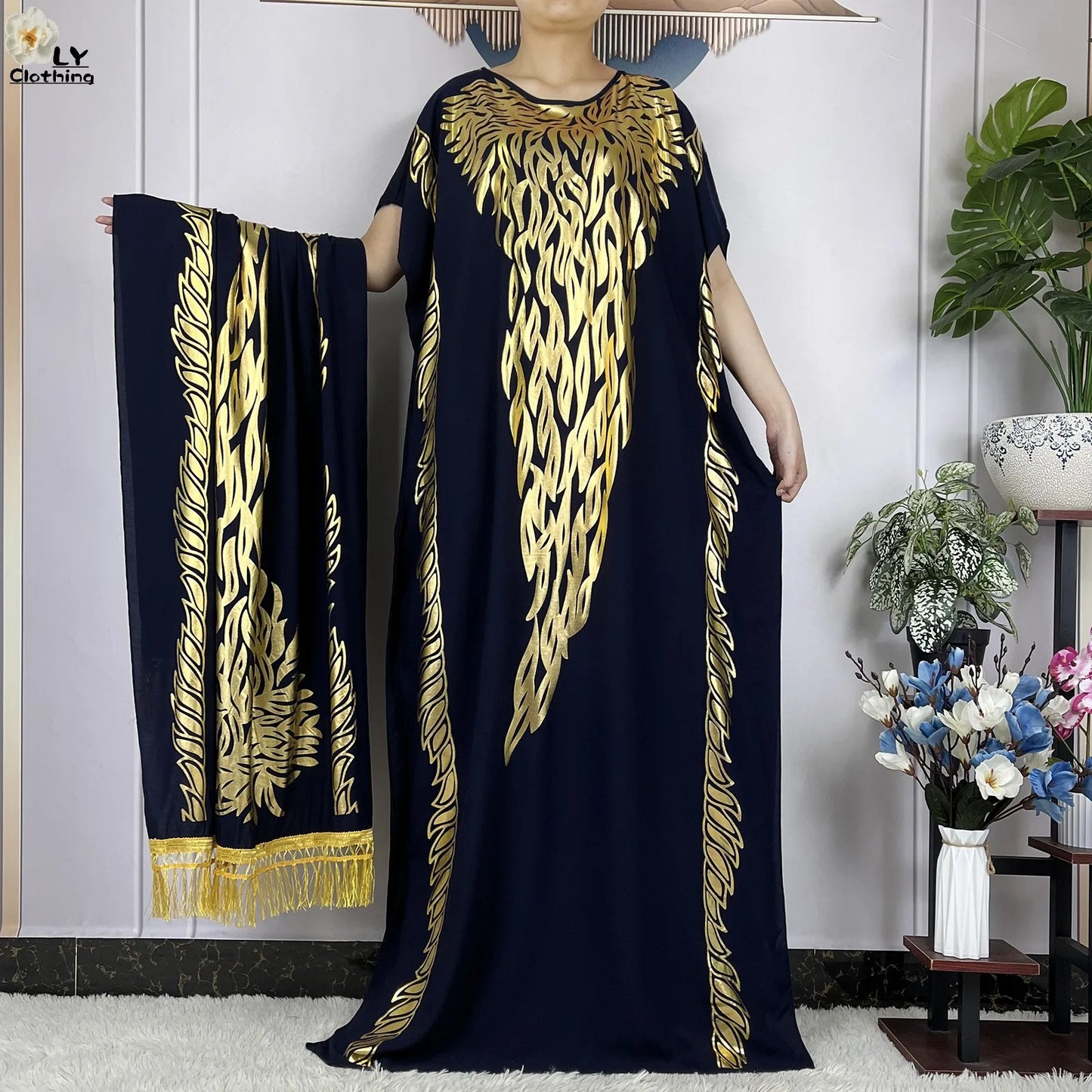 Neues Sommer-Kurzarm-Kleid aus Baumwolle für Damen mit großem Schal Goldprägung Boubou Maxi Islam Damen Afrikanische Abaya Kleidung