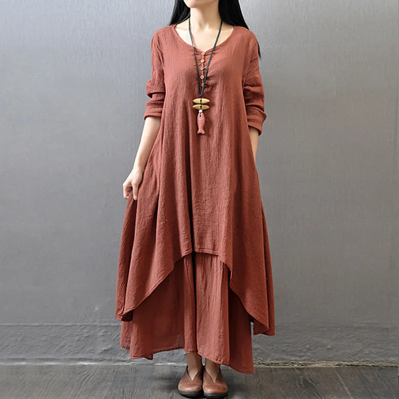 Damen Elegante Leinen-Ingwerkleider Böhmen Layering Vintage Robe Langarm Lockeres langes Kleid Weibliche Herbst Vestidos