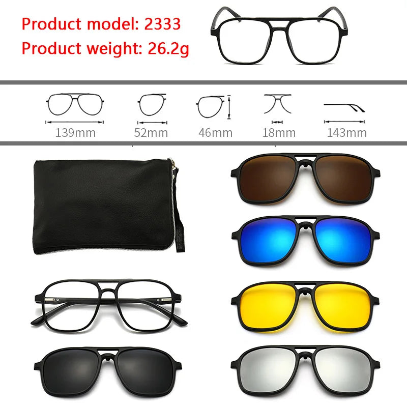 6 In 1 Polarized Sunglasses Men Women Magnetic Clip On Glasses TR90 Optical Prescription Eyeglass Frames Magnet Clips
