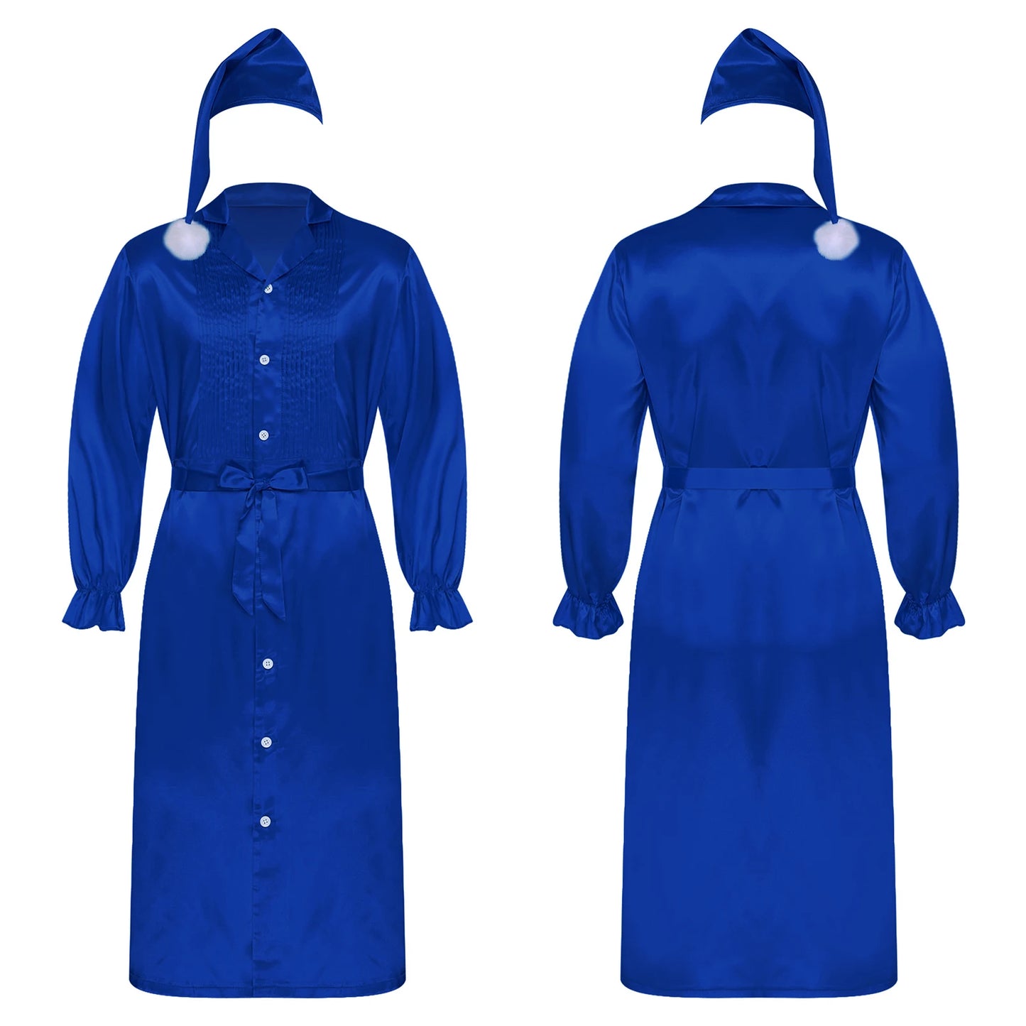 Herren Sissy Pyjama Satin-Nachtwäsche Nachthemd mit Schlafhaube Langarm Rüschenmanschetten Plissierter Brustumhang mit Gürtel Vintage