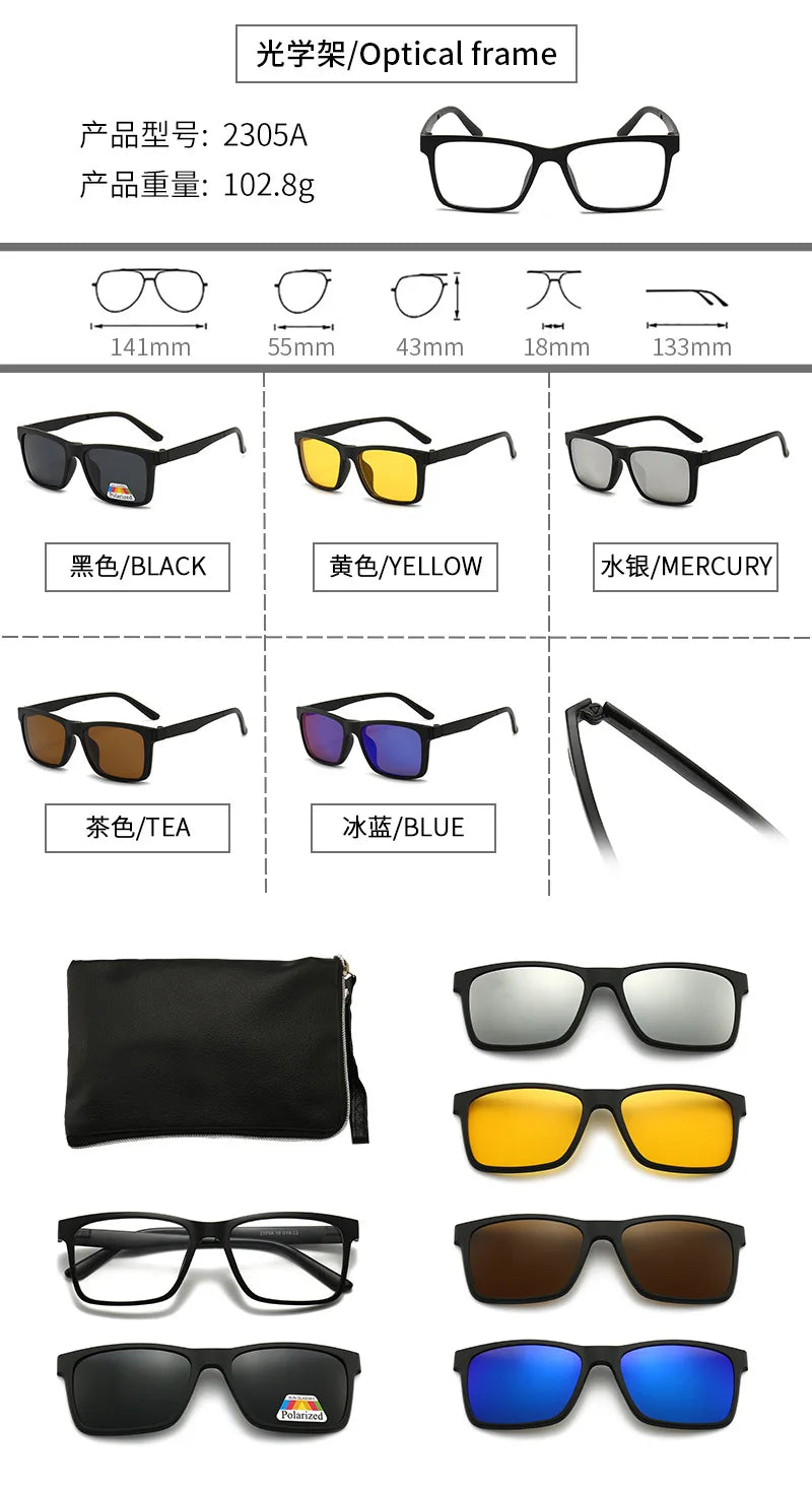 6 In 1 Polarized Sunglasses Men Women Magnetic Clip On Glasses TR90 Optical Prescription Eyeglass Frames Magnet Clips