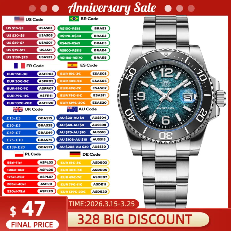 Montre de Plongée Homme ADDIESDIVE 41mm AD2513 Étanche 200m Acier Inoxydable 316L Montre-Bracelet à Quartz Calendrier BGW9 Super Lumineux