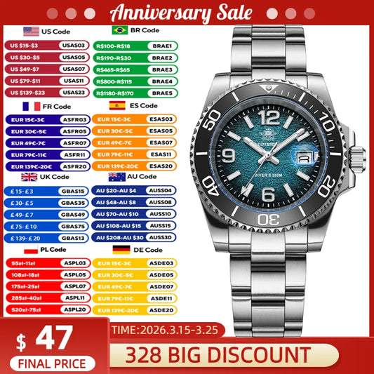 ADDIESDIVE 41mm Men's Diving Watch AD2513 200m Waterproof 316L Stainless Steel Quartz Wrist Watch Calendar BGW9 Super Luminous