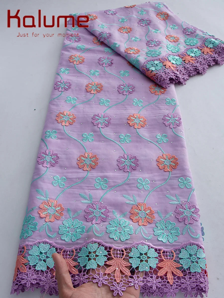 Kalume African 3D Cotton Lace Fabrics 2026 High Quality Swiss Voile Lace Fabric With Stone Nigerian Lace Fabrics For Party Dress