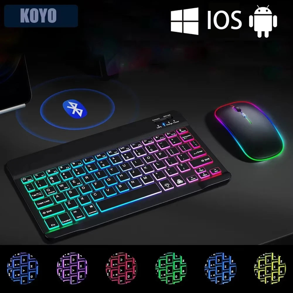 Mini RGB-Hintergrundbeleuchtungs-Tastatur 10 Zoll Bluetooth Kabellose Maus Wiederaufladbar für Spanisch Russisch Hebräisch Koreanisch Französisch Arabisch Portugiesisch