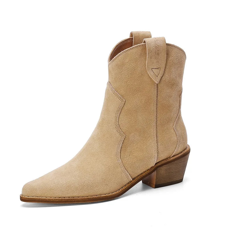 Bottes Chelsea pour femme en suède de vache à bout pointu et talon épais, bottines cousues, chaussures d'hiver, bottes western pour femme, printemps automne