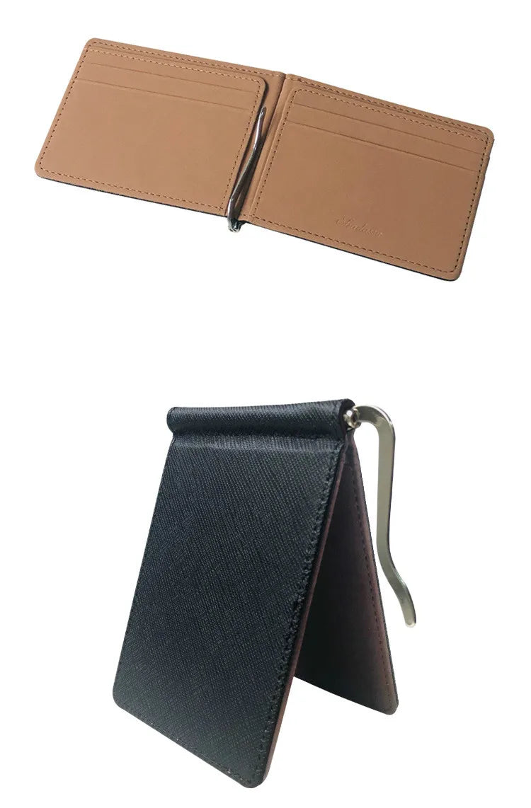 Portefeuille court pour hommes en cuir PU, porte-monnaie, pinces à billets, porte-cartes d'identité et de crédit, pochette fine et solide pour hommes