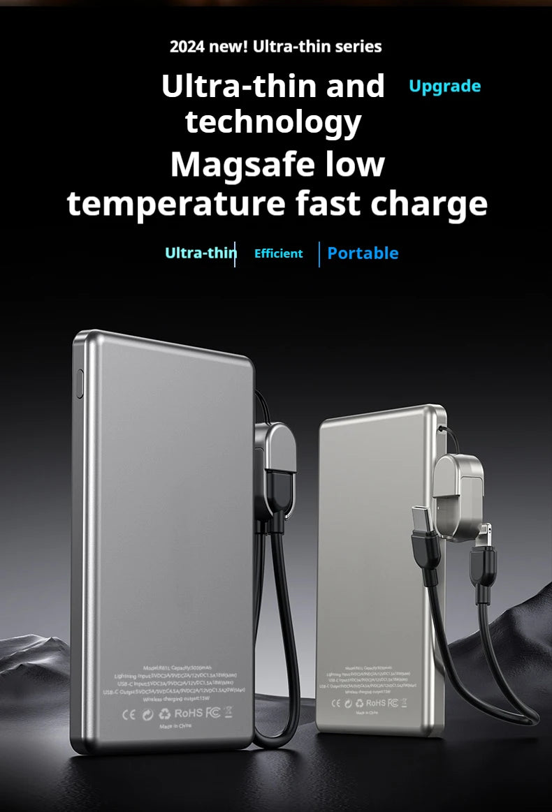 Ultra-Thin 5000mAh Portable Power Bank 20W Fast Charging Wired & Wireless Alloy Shell for iPhone