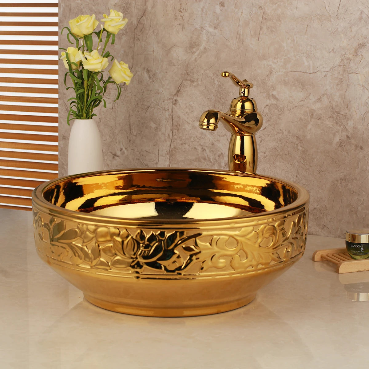 KEMAIDI Keramik-Waschtisch Gold mit Wasserhahn Porzellan-Waschbecken Aufsatzwaschbecken Luxus-Waschbecken für Badezimmer