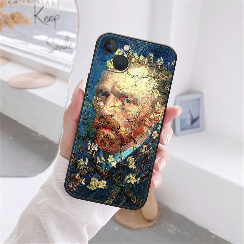 Art Van Gogh Sternenklare Sonnenblume Handyhülle für iPhone 11 12 13 14 15 16 17 Pro Max 17AIR 14 15 16 Plus Schwarze Weiche Silikonhülle