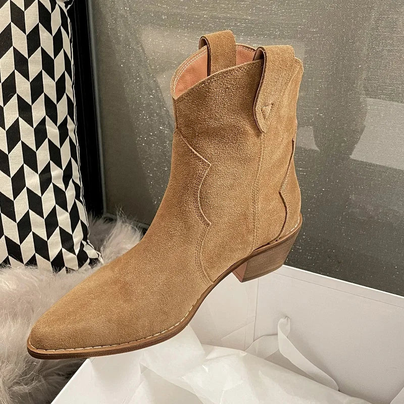 Bottes Chelsea pour femme en suède de vache à bout pointu et talon épais, bottines cousues, chaussures d'hiver, bottes western pour femme, printemps automne