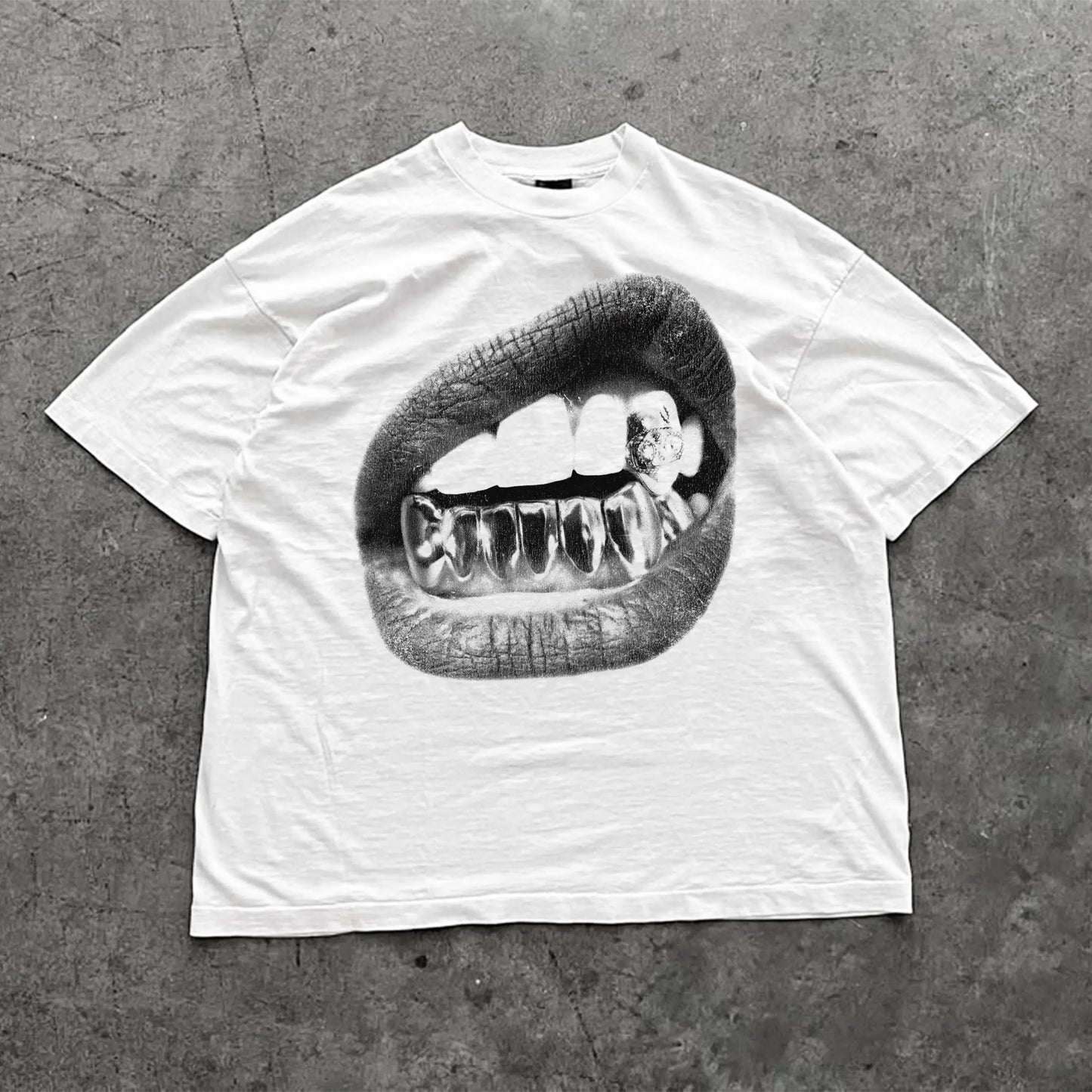Big Lips Y2k Mund T-Shirt Grillz Weißes T-Shirt - Unisex Y2k Shirt Streetwear T-Shirt Herren Kleidung Bequem