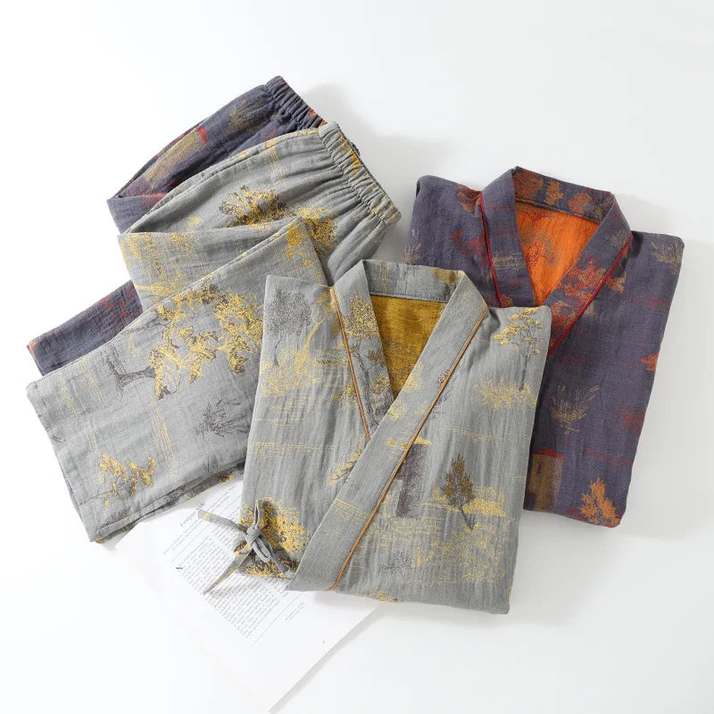 Autumn Kimono Men's Spring Robes with Long Pants Pajamas Set Home Clothes Cotton Loose Pijama Masculino Clothes