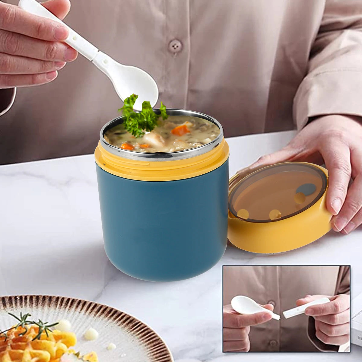 Récipient alimentaire isotherme sous vide pour aliments chauds en acier inoxydable 304 avec cuillère pliable et poignée, thermos portable pour le bureau et le travail